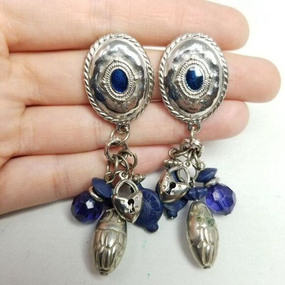 Vintage Blue and Silver Tone Dangle Stud Earrings, Western 80s Style, Estate - Picture 1 of 6